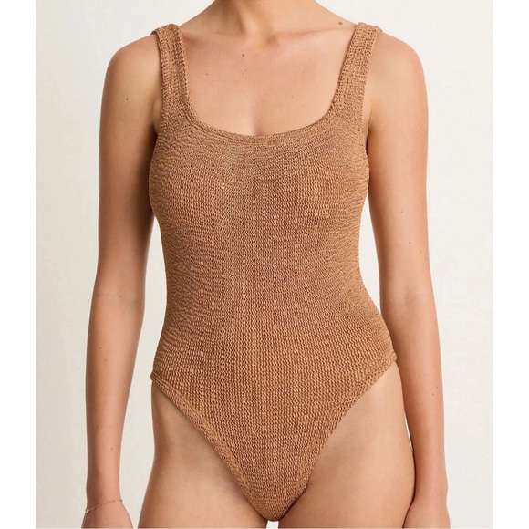 NWOT HUNZA G SQUARE NECK ONE-PIECE SWIMSUIT METALLIC COCOA WOMEN'S ONE SIZE - Picture 2 of 15